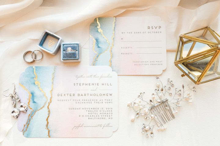 light blue and gold wedding invitations with marble motif