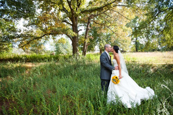 couple kissing in grassy field