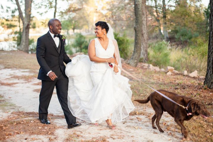 groom and bride walking dog