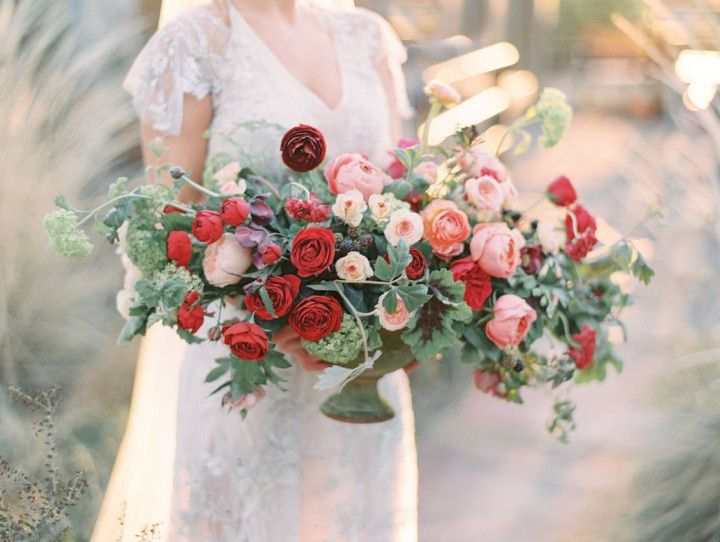 red and pink rose wedding bouquet