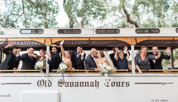 Old Savannah Tours wedding party transportation in vintage trolley car