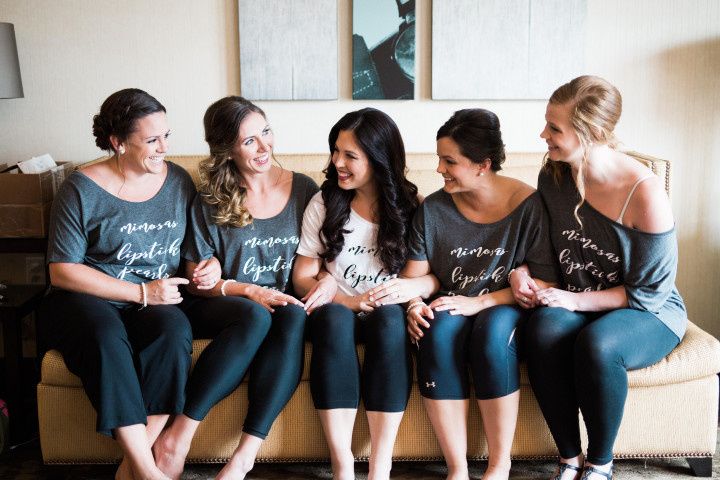 bridesmaids in matching shirts 