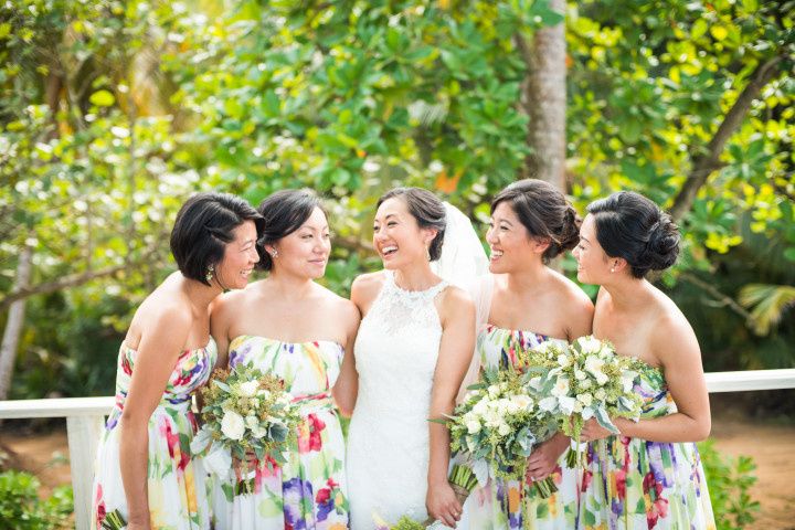 bridesmaids in floral dresses