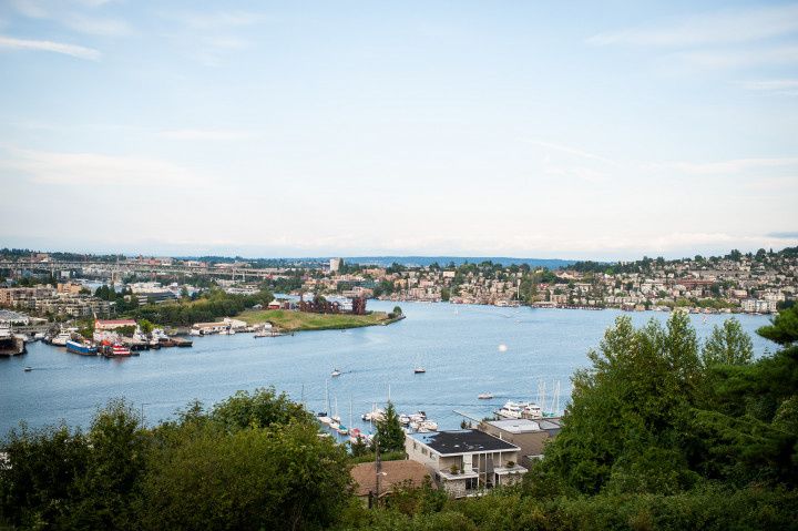 view of water and downtown Seattle from Canlis Restaurant during wedding reception