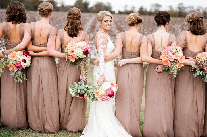 tan bridesmaid dresses with bright bouquets