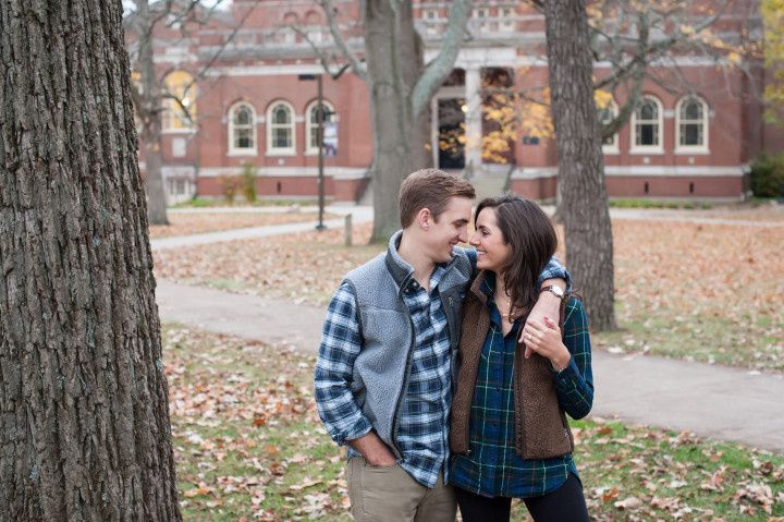 couple engagement photo laughing together