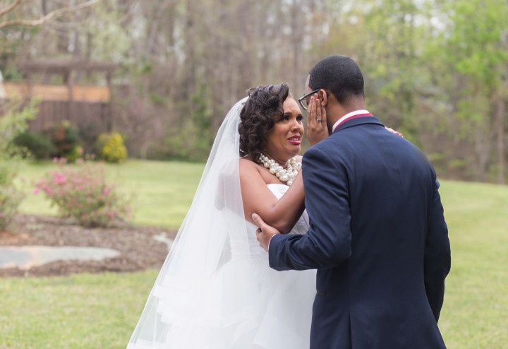 First look couple bride crying 