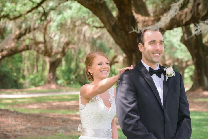 bride and groom formal attire first look priscilla thomas photography