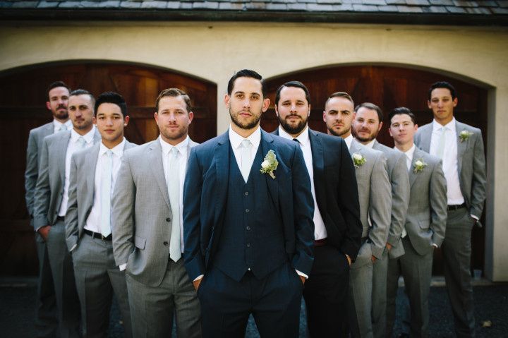 groom and groomsmen portrait wedding party navy suit gray suits