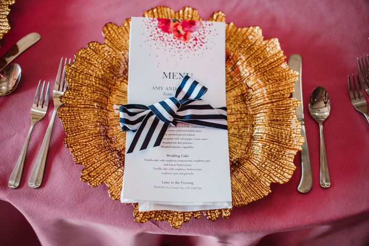 blue pink and gold striped wedding place setting