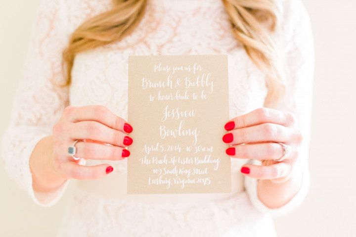Bridal shower invitation bride with red nails calligraphy