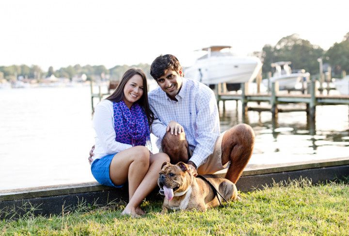 couple on pier with dog casual nautical engagement photos