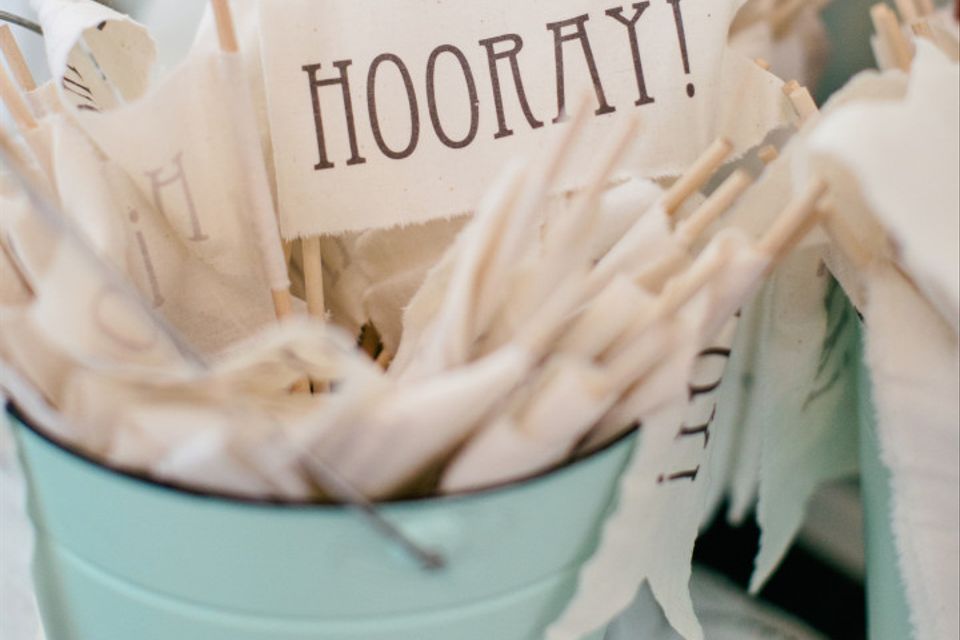 personalized reception flags with Hooray on them 