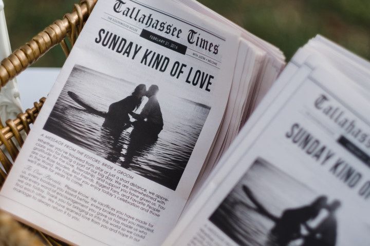 newspaper wedding ceremony programs that read sunday kind of love