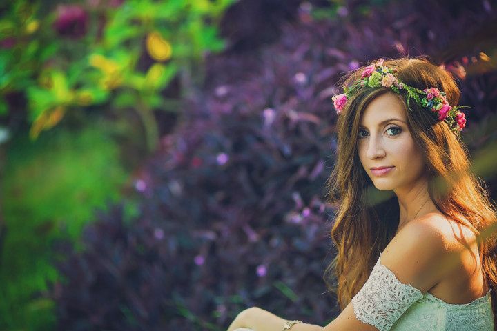 boho bride flower crown loose waves brown hair outdoor lace off the shoulder gown