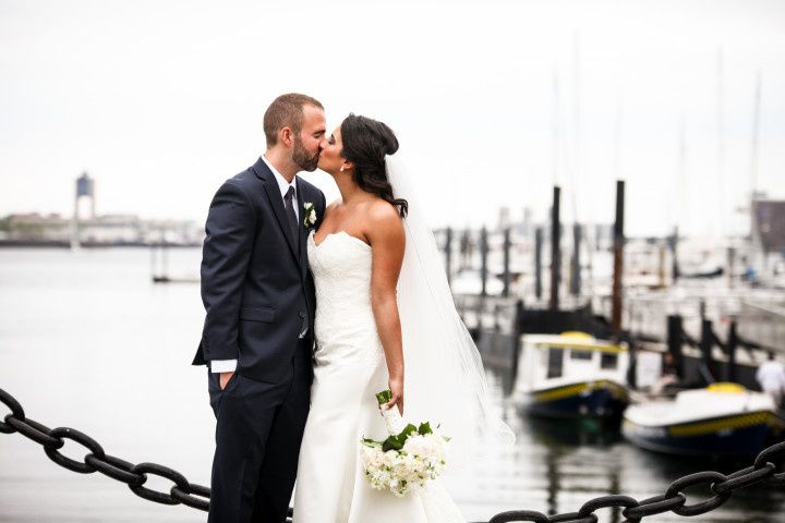 couple kissing near boston harbor