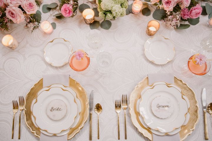 gold and pink wedding place settings