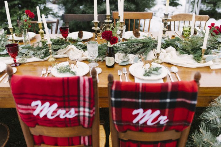 winter wonderland tablescape and plaid chairs