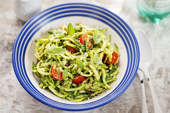 zoodles with pesto and tomatoes