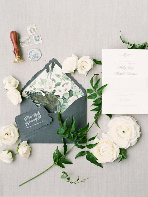 green, white and gray wedding invitations with floral envelope liner