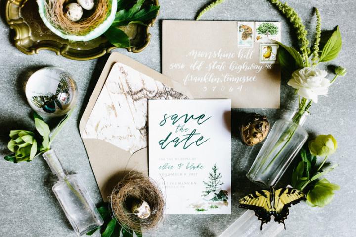 nature-inspired wedding invitations with green and white color scheme