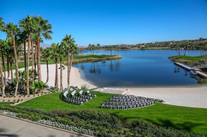 waterfront wedding ceremony overlooking lake at Las Vegas golf resort