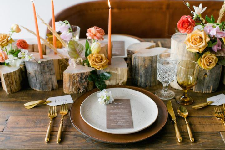 Rustic Gold Mason Jar and Wood Slab Centerpieces