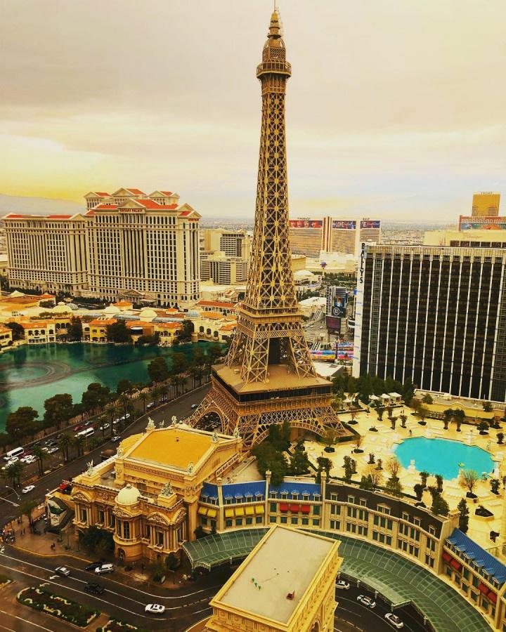 aerial view of Paris Las Vegas resort with Eiffel Tower and Bellagio Fountains