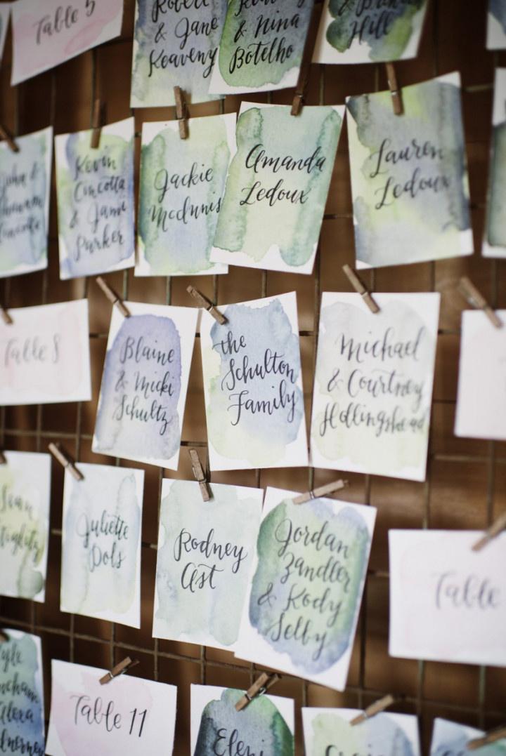 watercolor wedding escort cards with green and blue color palette