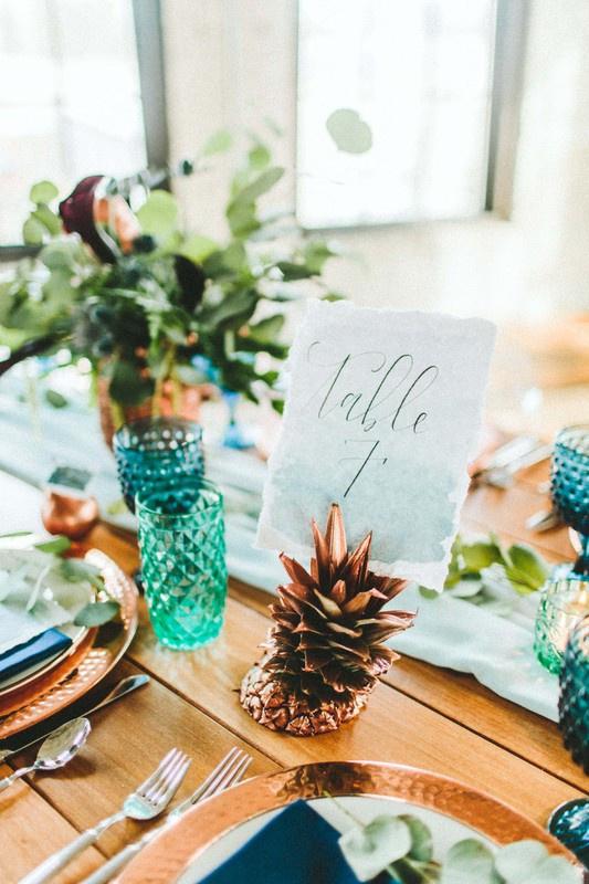 rose gold pineapple wedding table number holder