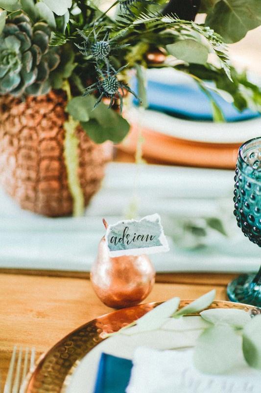 rose gold pear with watercolor wedding place card