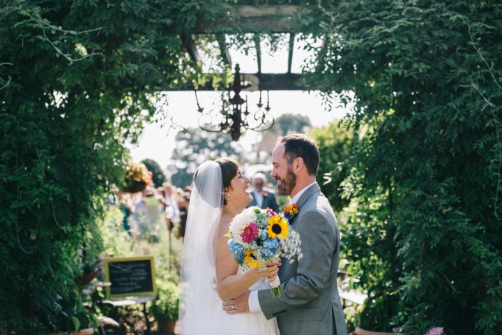 Bride and groom laughing