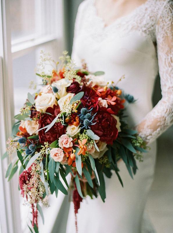 Rust Teal Burgundy Wedding Bouquet, Cascading Bouquet, Fall