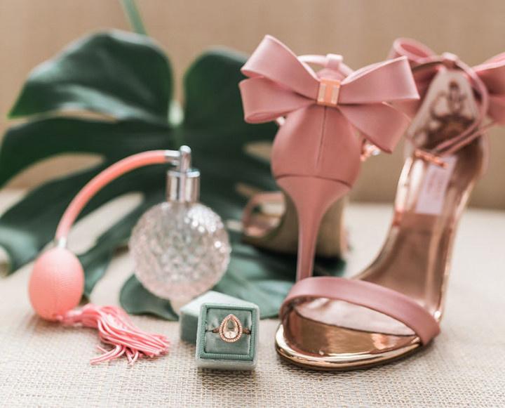 pink bow wedding shoes and green velvet ring box