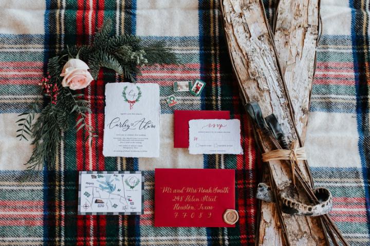 winter wedding invitations white red and gold