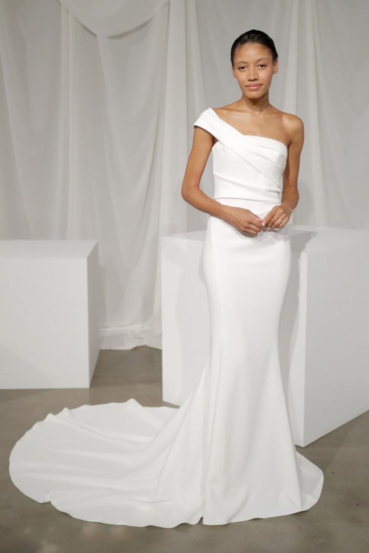 one shoulder white wedding dress