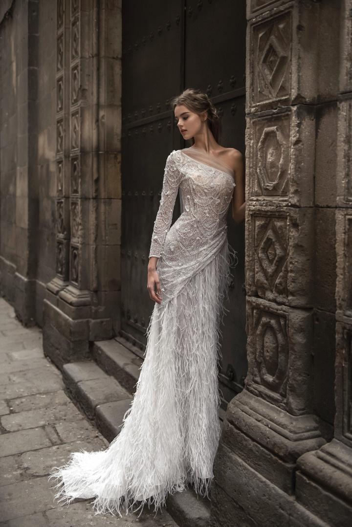 One-Shoulder Beaded Wedding Dress with Overskirt | David's Bridal
