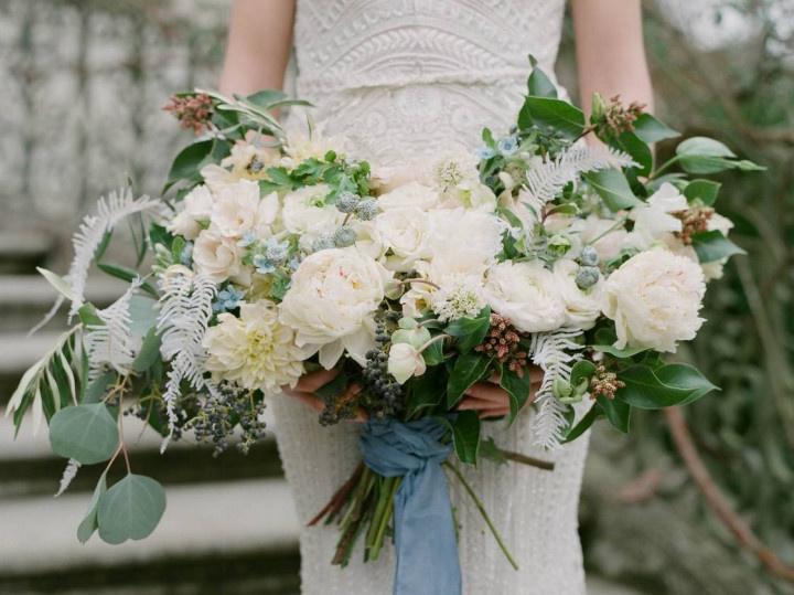 garden style wedding bouquet with peonies and greenery
