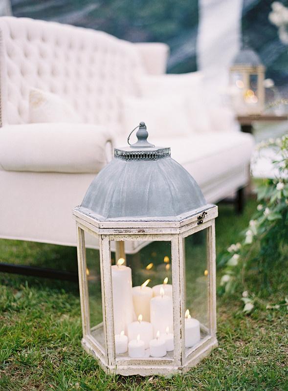 vintage wedding theme decor white pillar candles in wooden glass hurricane lamp