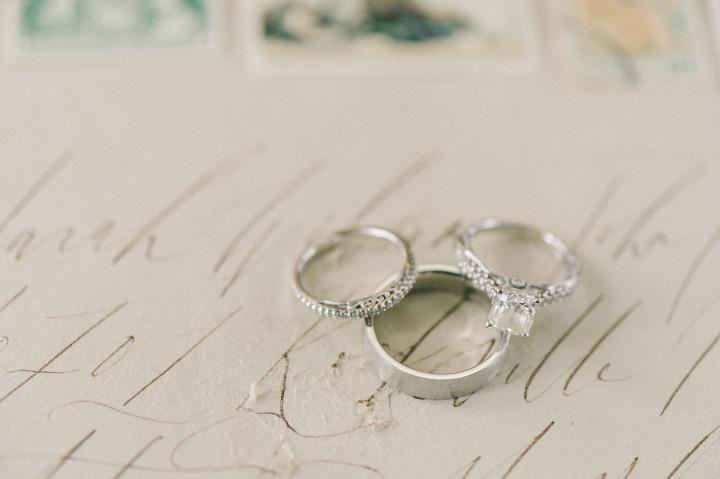 silver and diamond engagement ring with matching wedding bands
