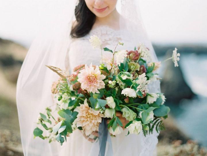 garden style summer wedding bouquet with dahlias and greenery