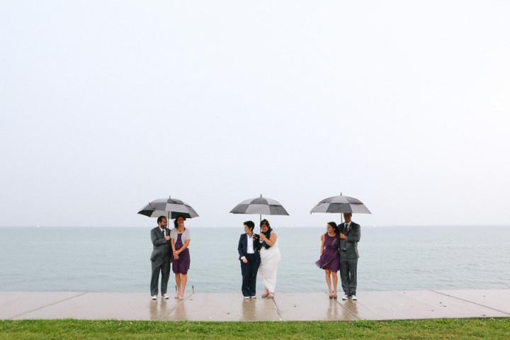 wedding party with umbrellas 