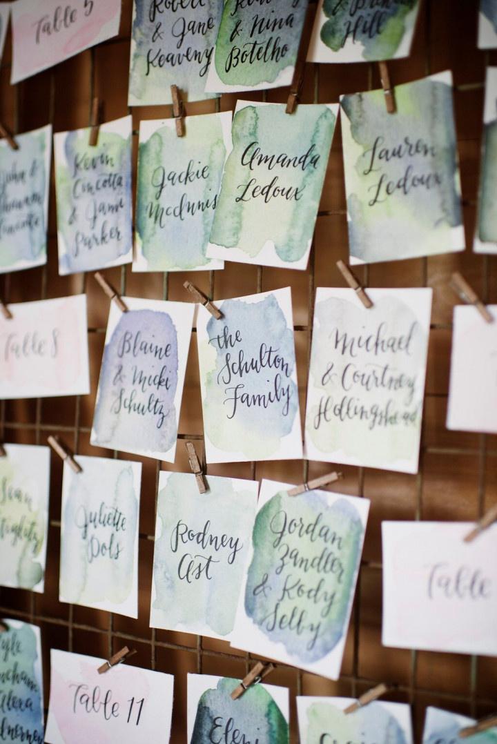 watercolor escort cards with calligraphy