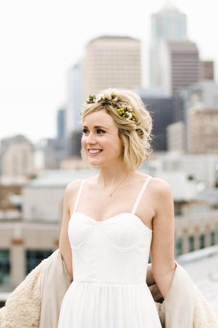 greenery flower crown on blonde bride