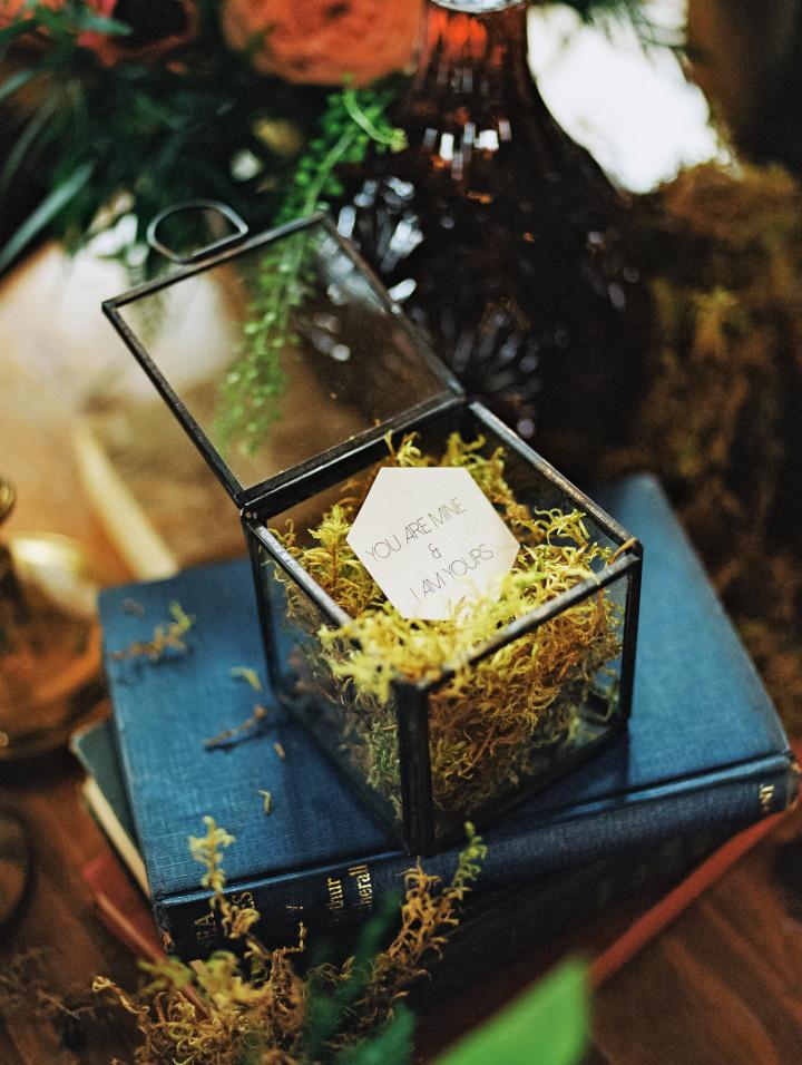 note displayed in vintage glass box with moss on vintage hard backed books 
