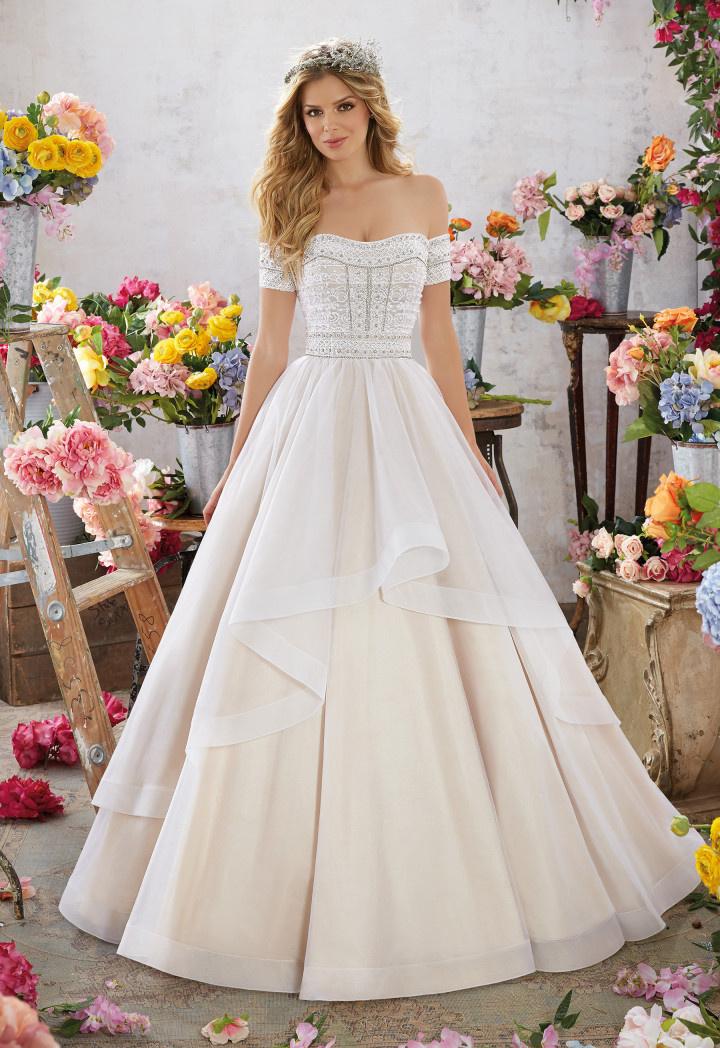 off the shoulder morilee wedding dress
