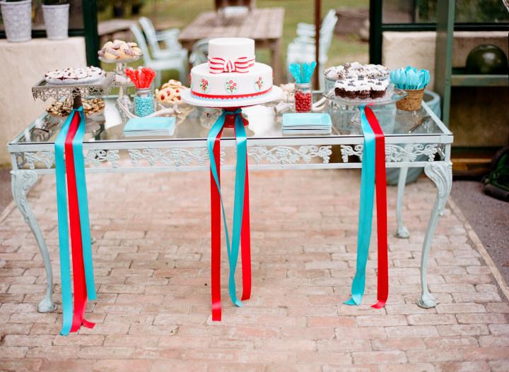 red white and blue wedding cake display 