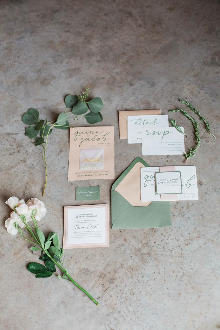 green and beige wedding invitation 