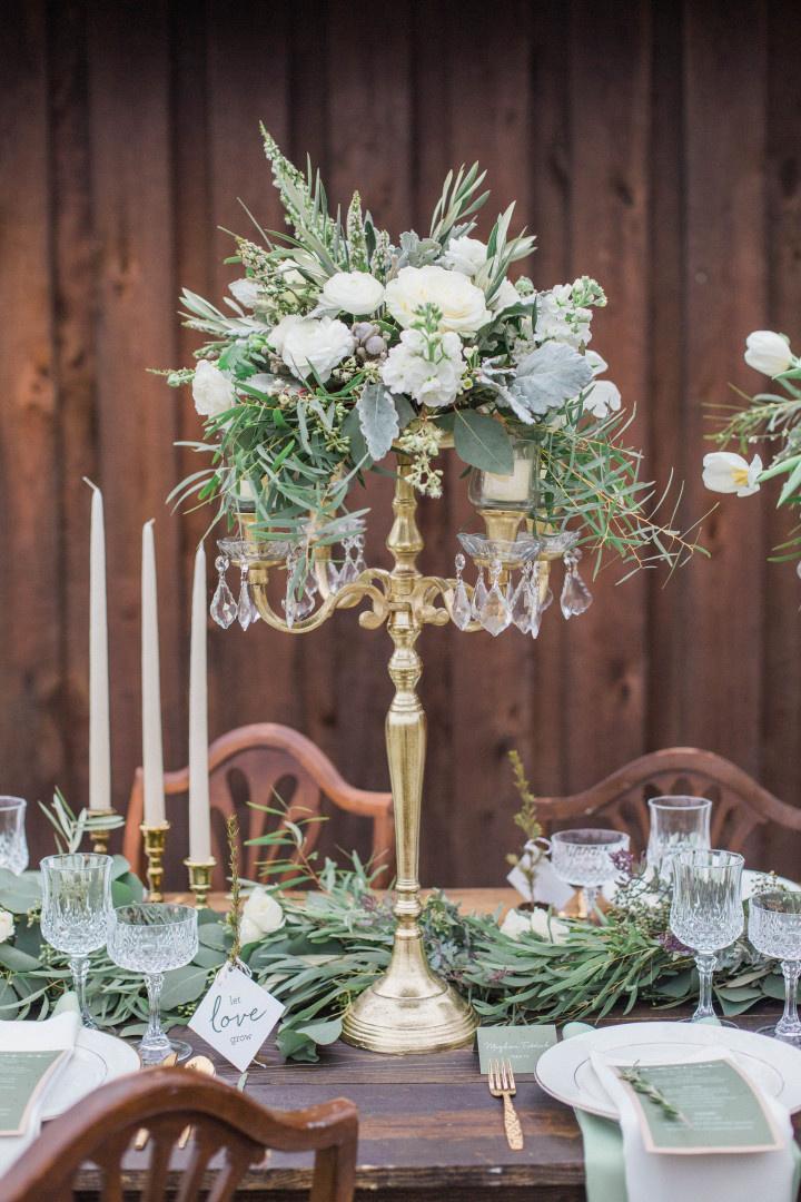 gold and green candelabra centerpiece 