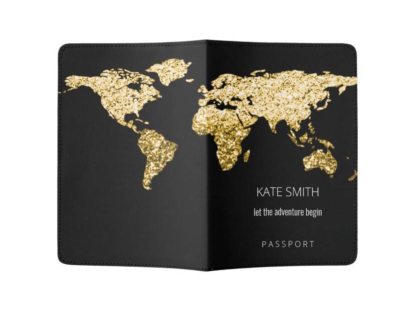 Personalized passport holder in black with world map in glittery gold